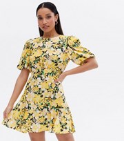 New Look Petite Yellow Floral Puff Sleeve Mini Tea Dress